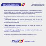 Agencia Nacional de Tránsito restablece sus servicios tras encontrarse en mantenimiento tecnológico